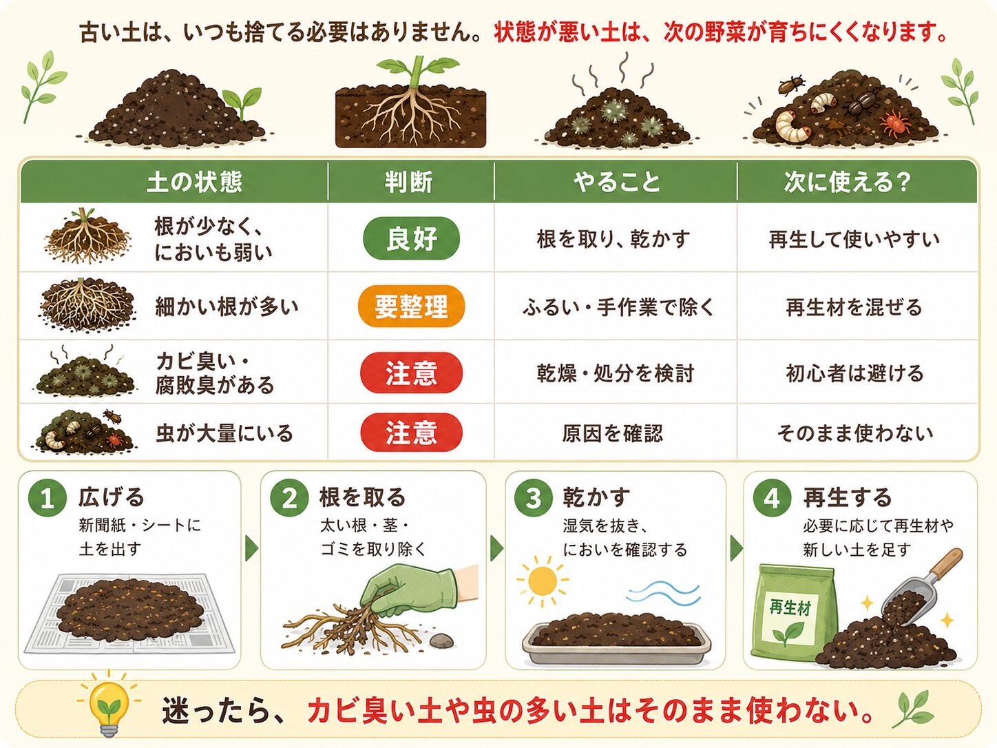 古い土を再利用できるか捨てるか判断するための表と手順の図解