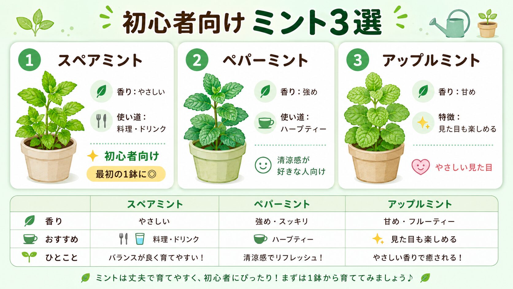初心者向けのミント3種類を比較した図解