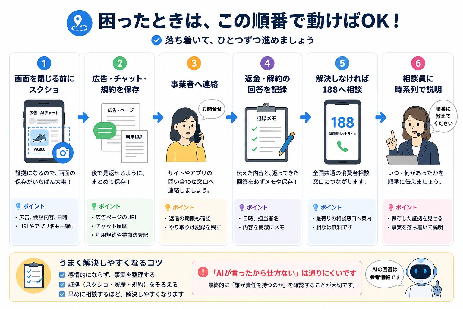 AIトラブルが起きたときの対応手順を6ステップで示したフローチャート