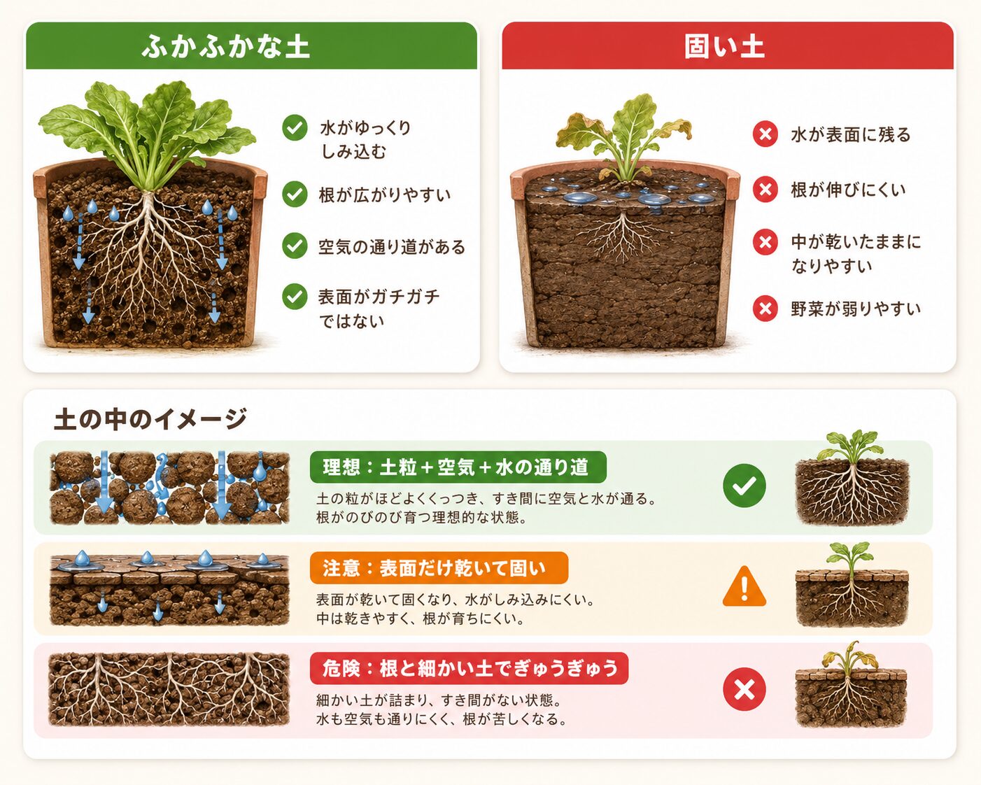 ふかふかな土と固い土の違いを根と水の通り道で比較した図解