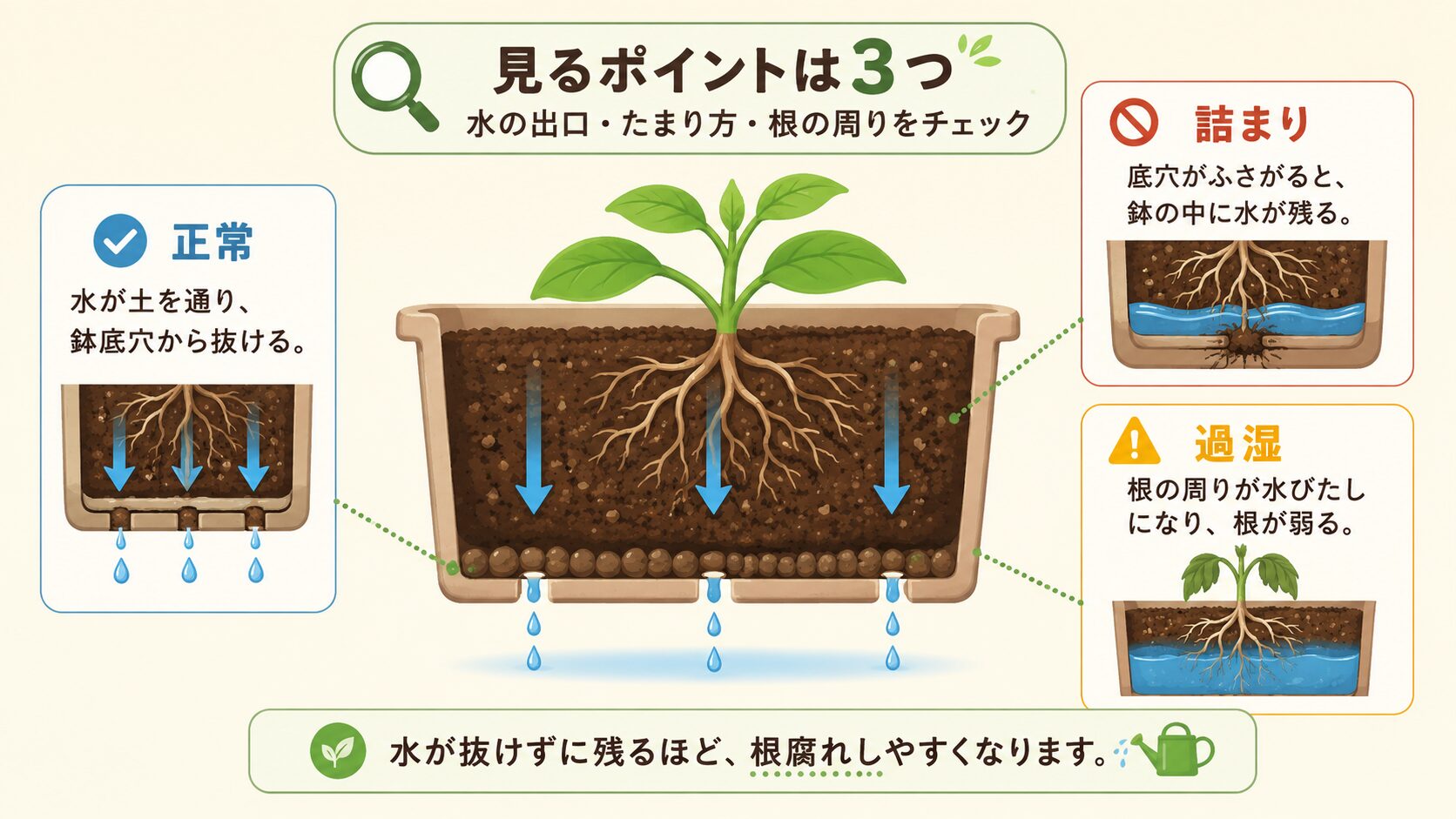 水が抜けないプランターの見方を示す図解。正常な排水、鉢底穴の詰まり、過湿状態を比較