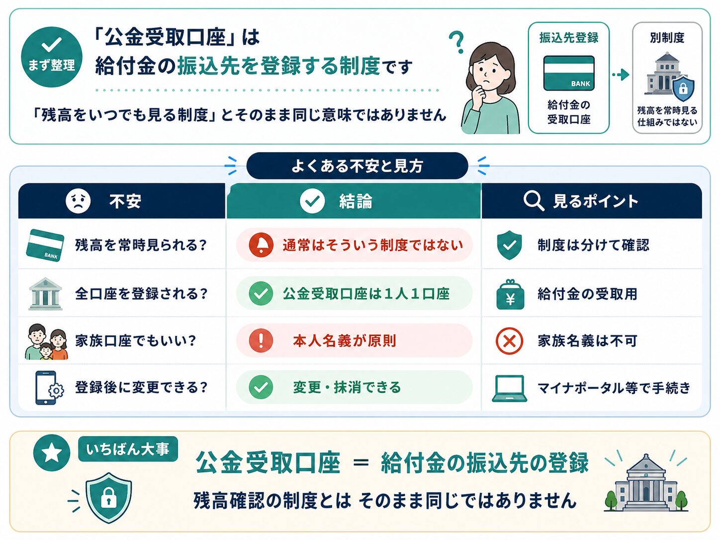 公金受取口座は給付金の振込先登録であり、残高を常時見る制度ではないことを説明した図解