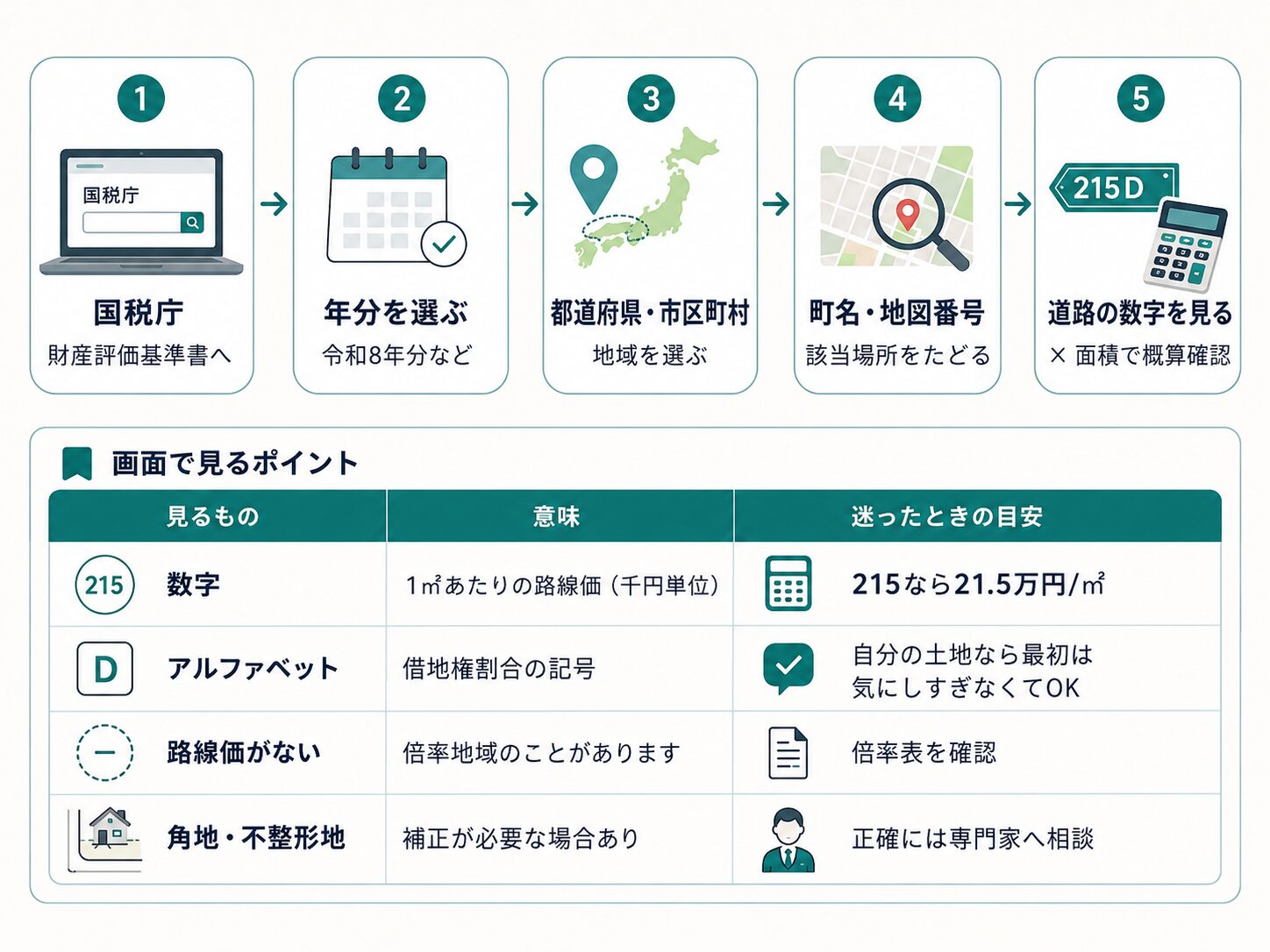 国税庁サイトで路線価を調べる流れを、国税庁サイト、年分選択、都道府県と市区町村選択、町名と地図番号、道路の数字確認の5ステップで示した図解