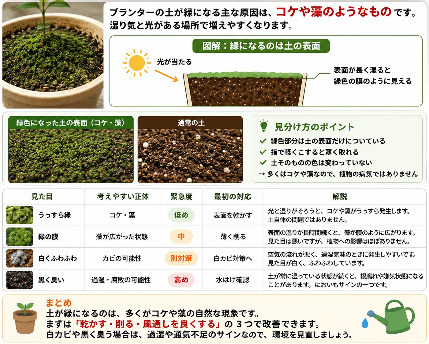 土が緑になる正体を見分ける表。うっすら緑、緑の膜、白いふわふわ、黒く臭い状態の違い