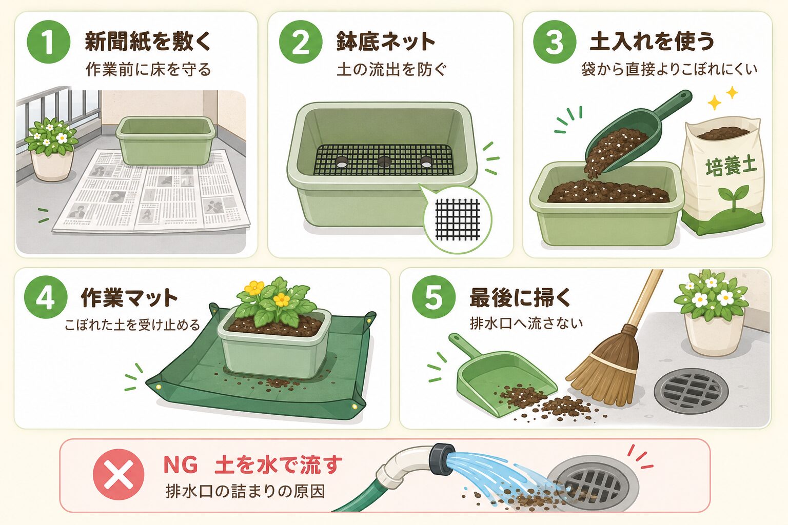 ベランダ菜園の土こぼれ対策として新聞紙、鉢底ネット、土入れ、作業マット、掃除を説明した図解