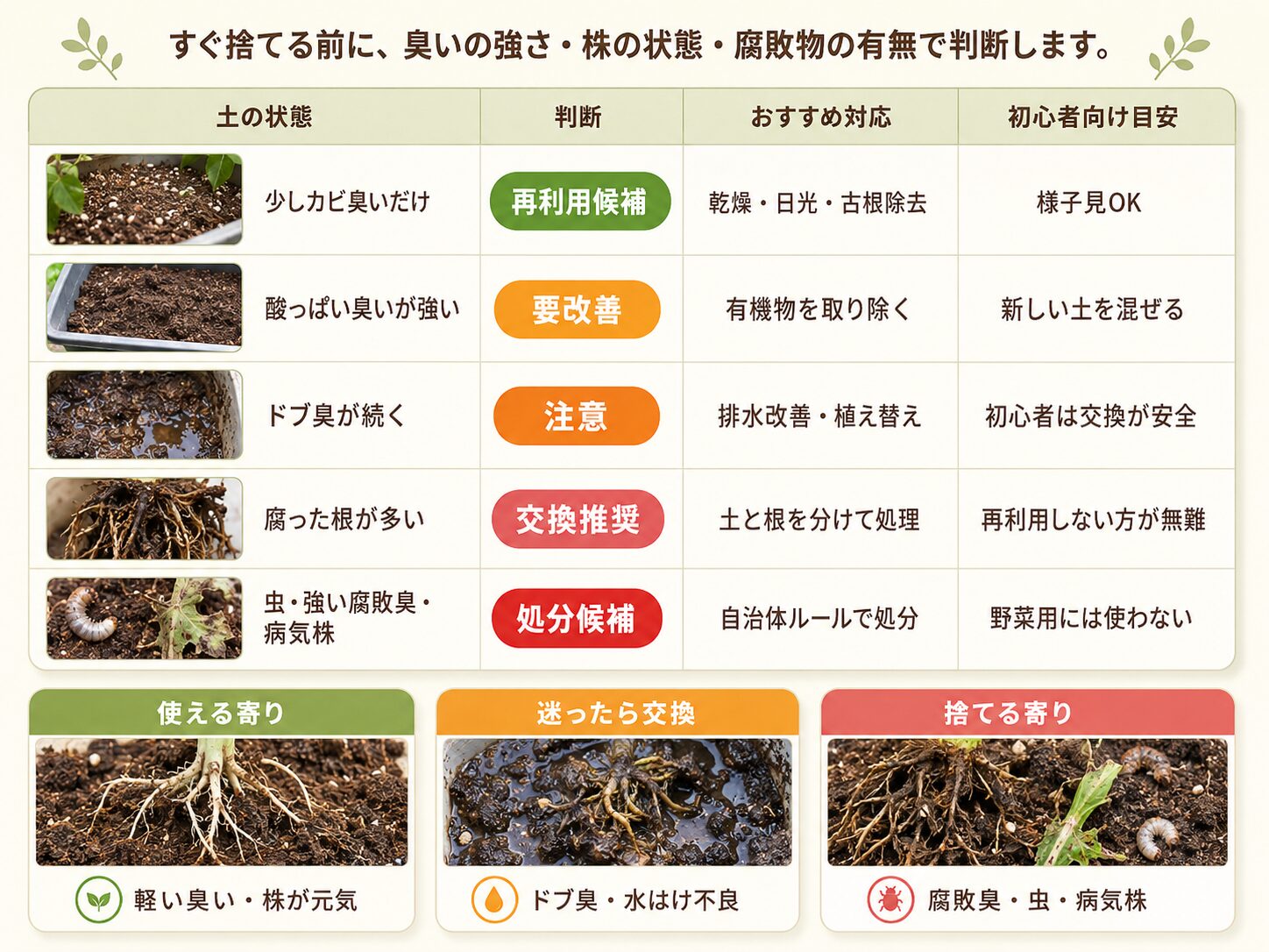 臭い土を再利用するか交換するか処分するかを判断する図解