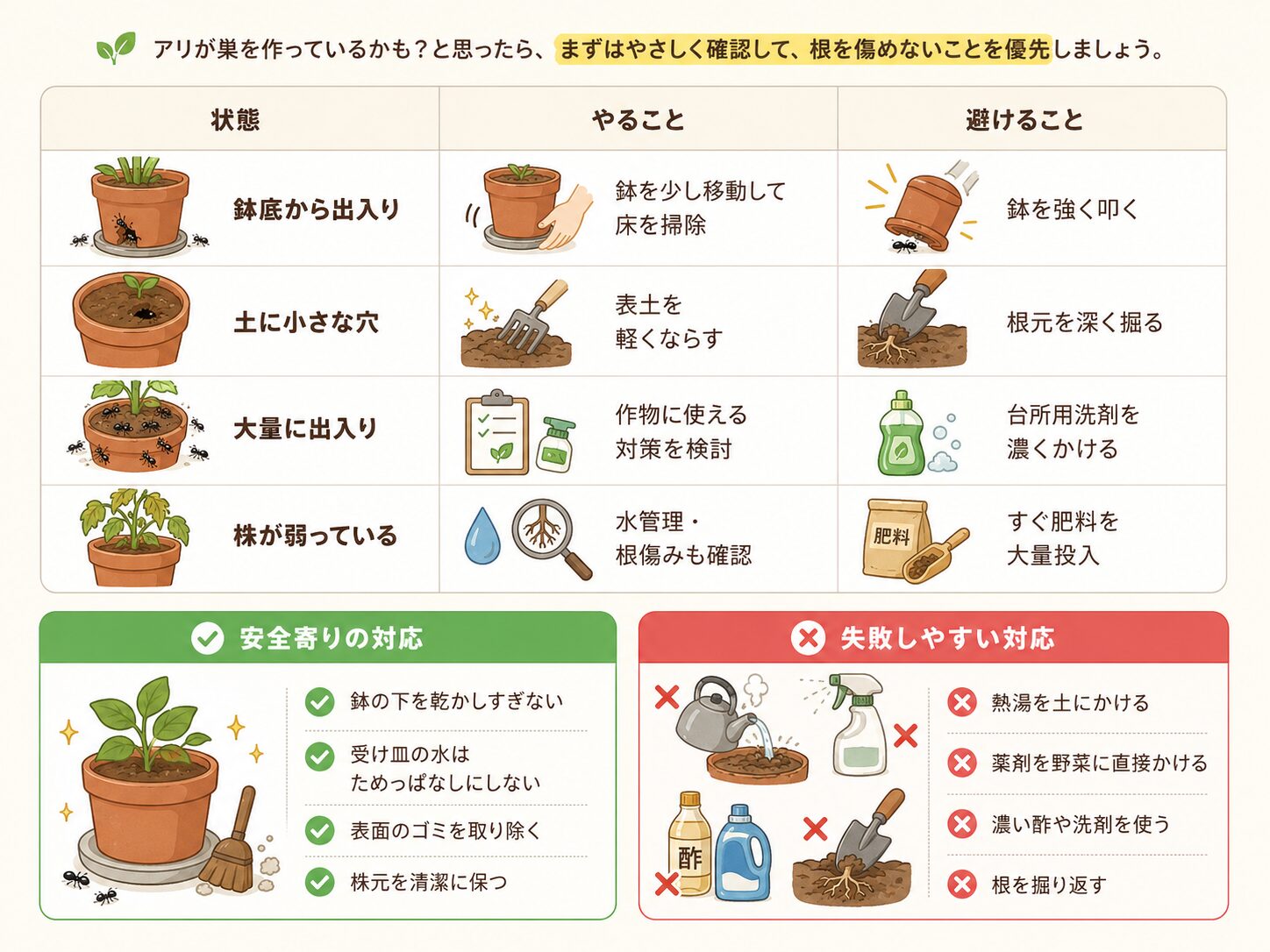 プランターの土や鉢にアリの巣がある時の安全な対処法と避けること