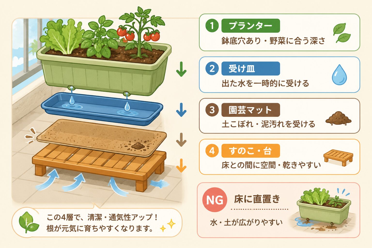 プランター、受け皿、園芸マット、すのこを重ねる基本の置き方を説明した図解