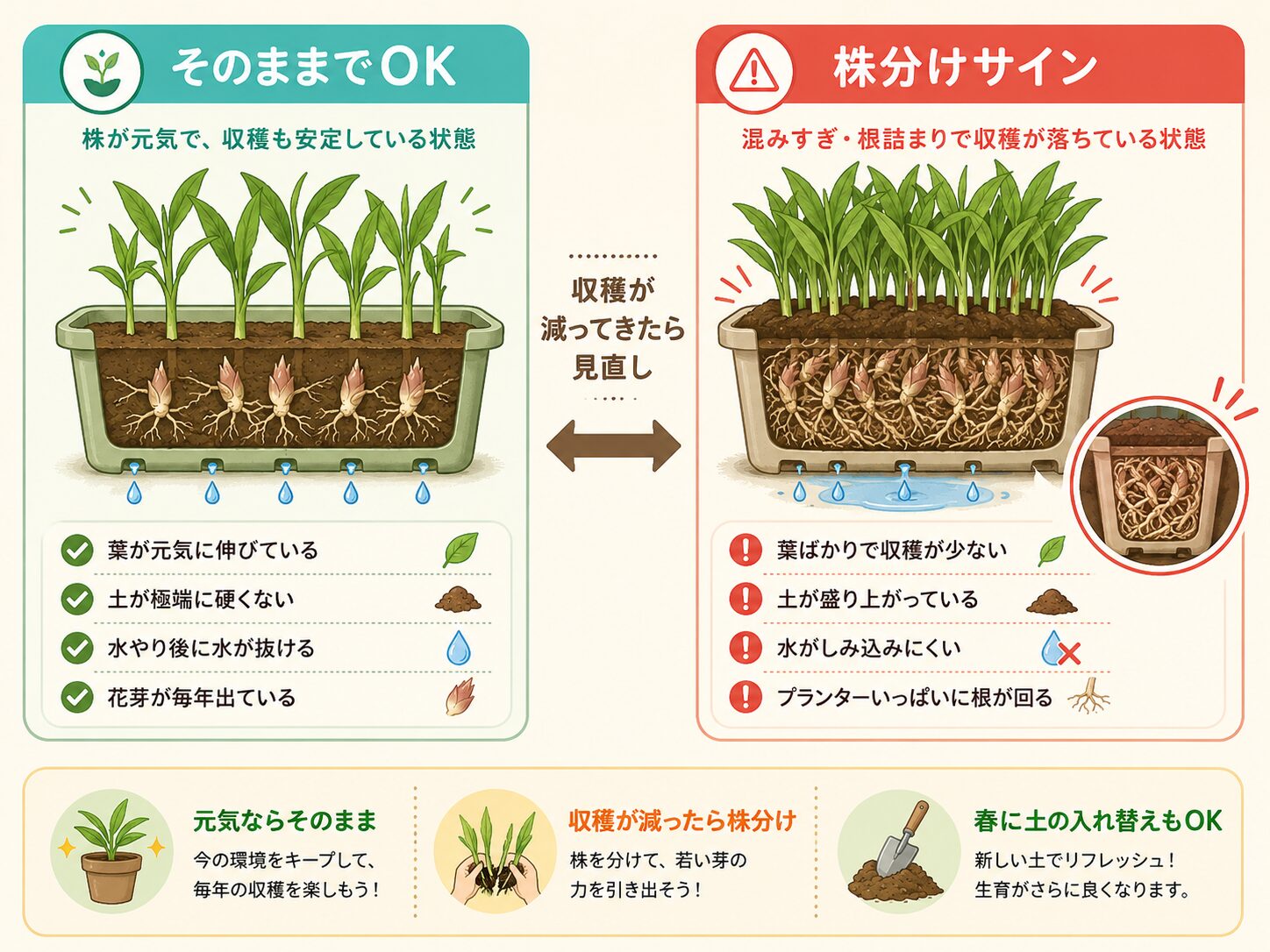 ミョウガの根詰まりと株分けサインを比較した図解