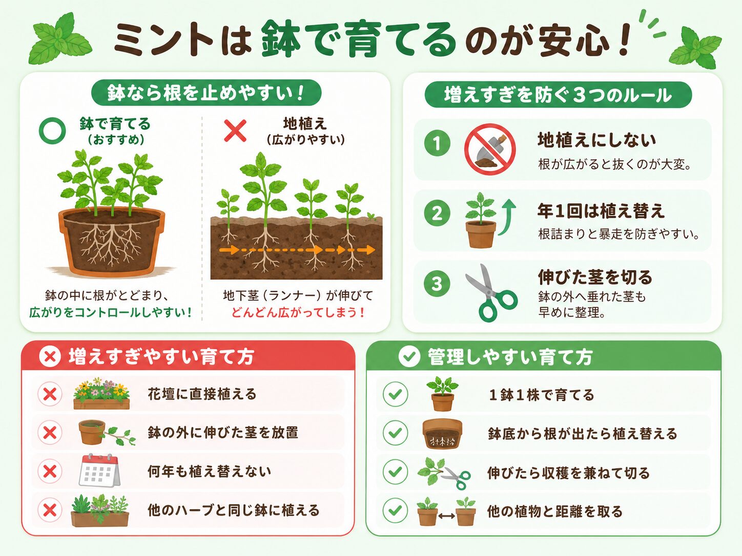 ミントの増えすぎを防ぐための鉢栽培と地植えの比較図解