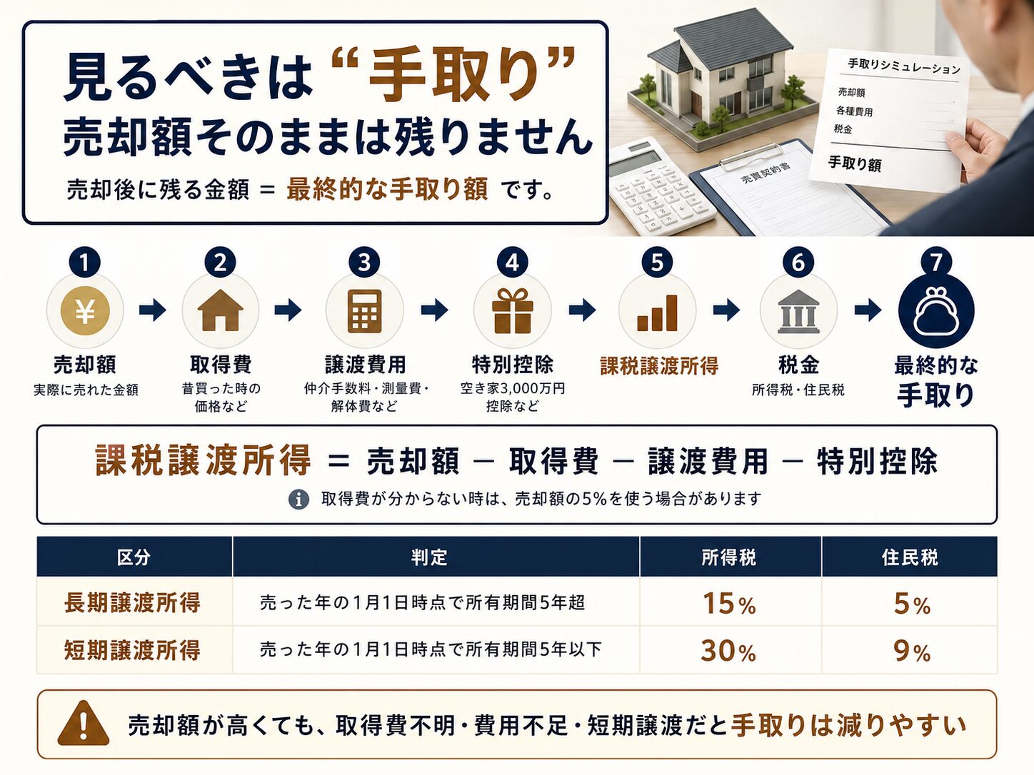 不動産売却時の手取り額は売却額から取得費、譲渡費用、特別控除、税金を差し引くことを説明した図解