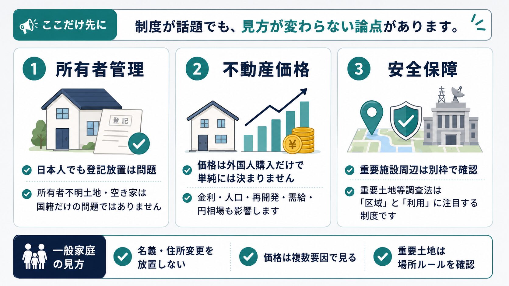 制度が話題でも、所有者管理、不動産価格、安全保障の見方は変わらないことを3つのポイントで整理した図解