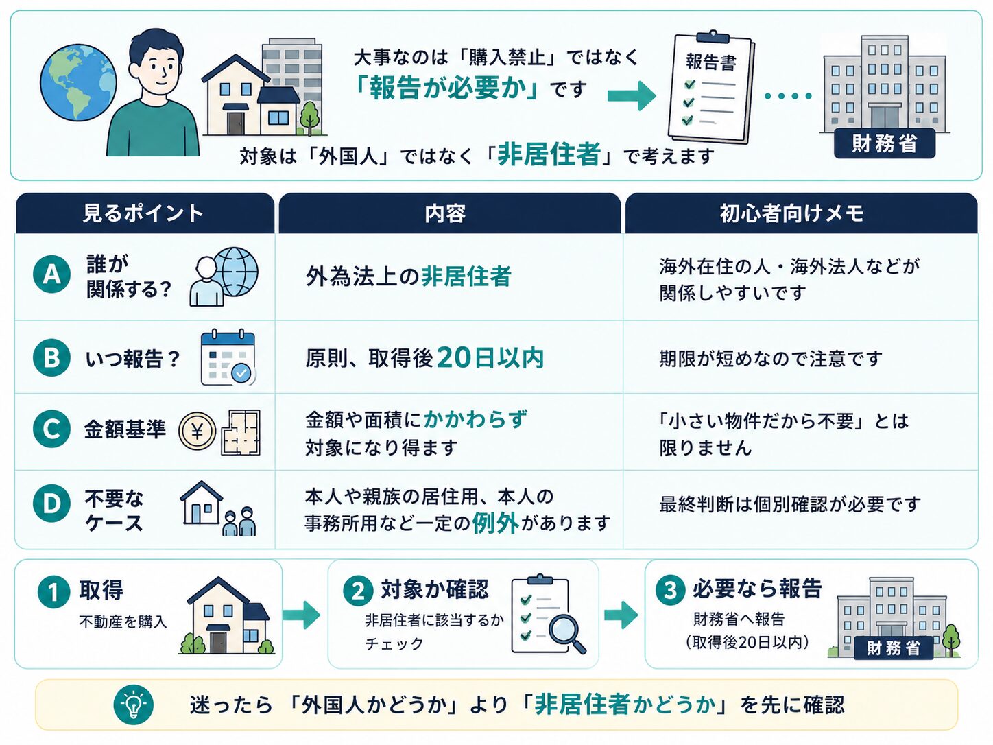 非居住者による日本の不動産取得では、取得後20日以内の報告や報告不要の例外確認が重要であることを示した図解