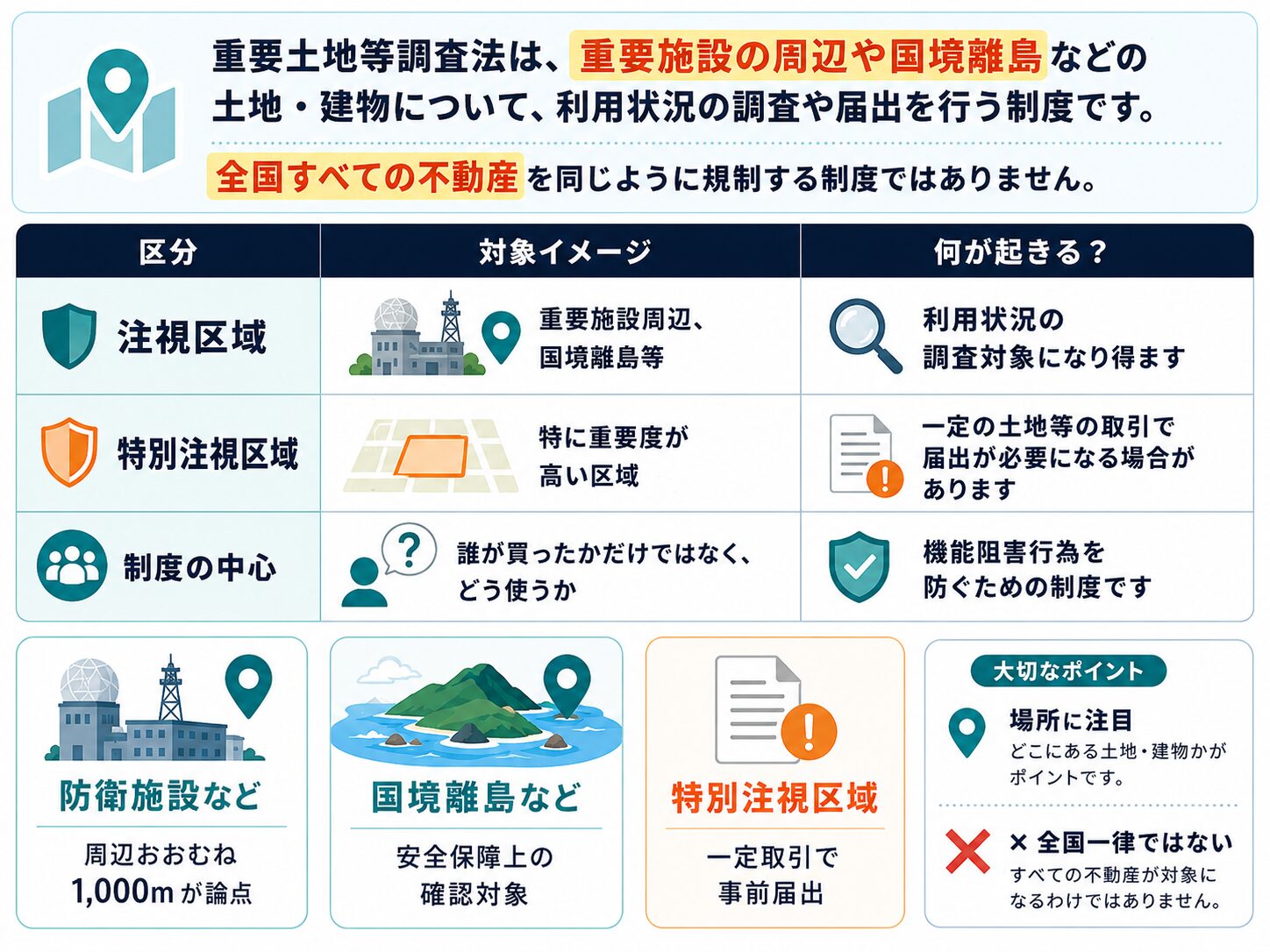 重要土地等調査法について、注視区域、特別注視区域、制度の中心を、防衛施設周辺や国境離島のイラストとともに整理した図解