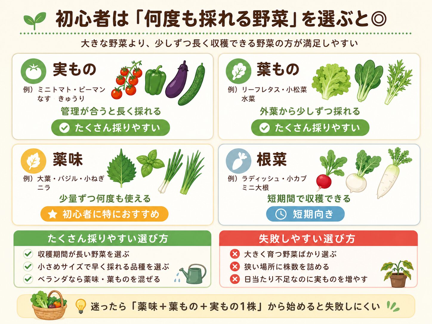 初心者がたくさん収穫しやすい野菜の選び方。実もの、葉もの、薬味、根菜の特徴を家庭菜園向けに図解