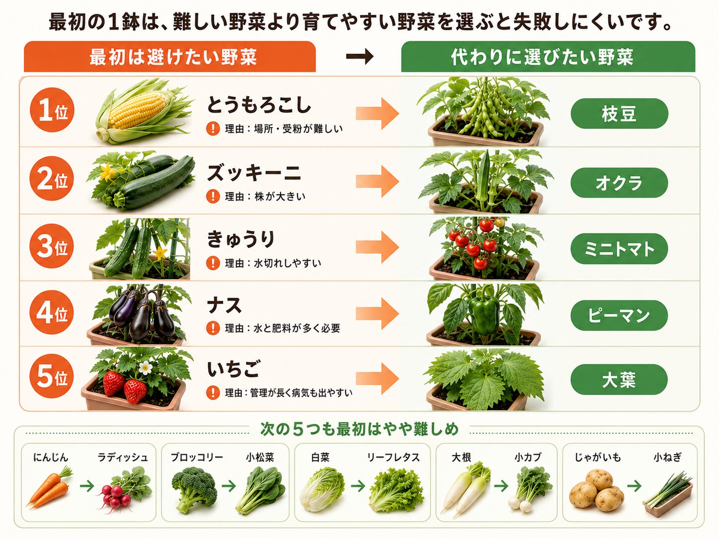 失敗しやすい野菜と代わりに選びたい野菜の早見表