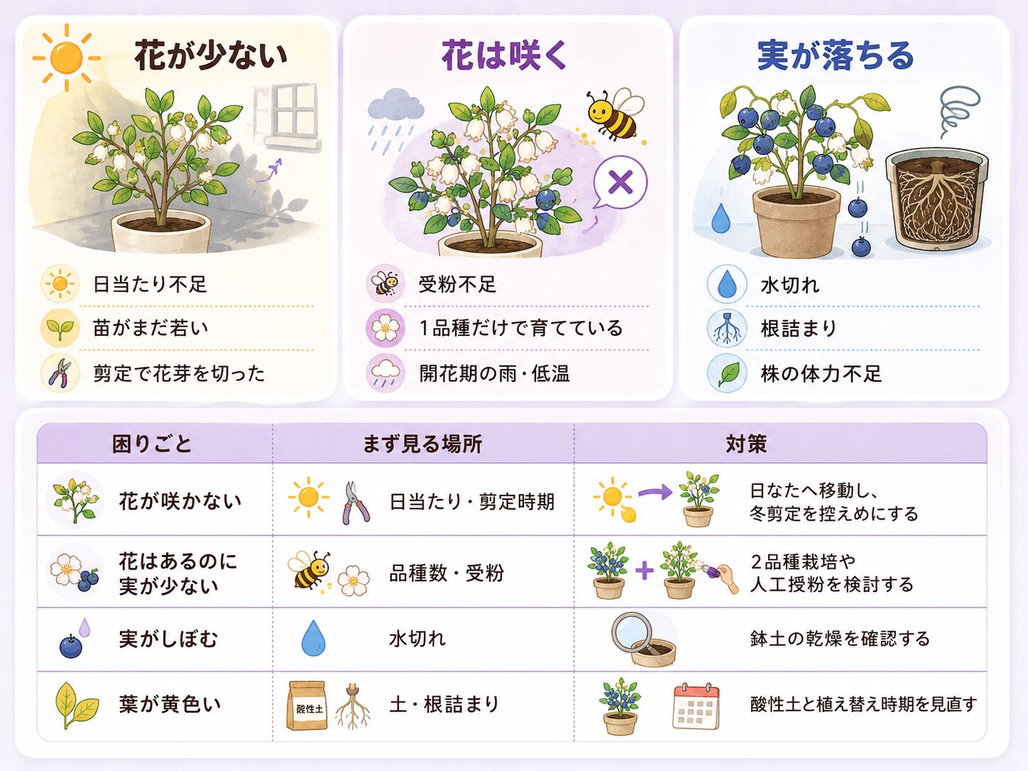 ブルーベリーの花が少ない、実が落ちる、葉が黄色い原因と対策を症状別に解説した図解
