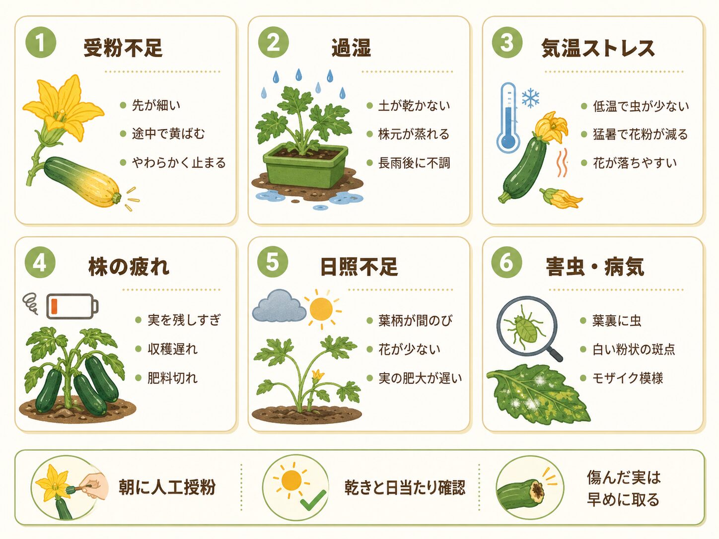 ズッキーニの実が腐る、大きくならない6つの原因。受粉不足、過湿、気温、株疲れ、日照不足、害虫病気