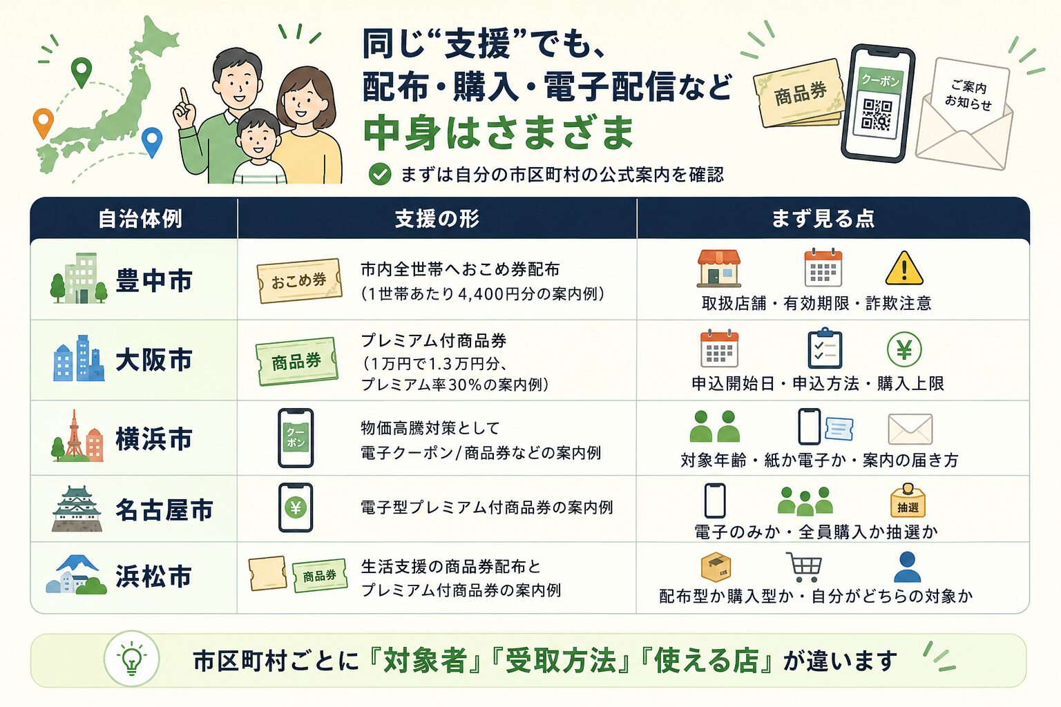 豊中市、大阪市、横浜市、名古屋市、浜松市など自治体ごとの支援内容の違いを示す表