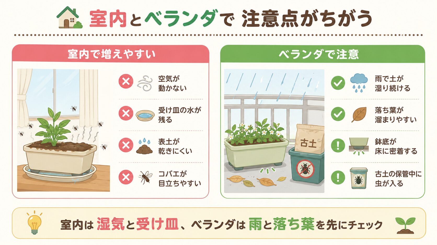 室内とベランダで虫が増えやすい原因の違いを示した図解
