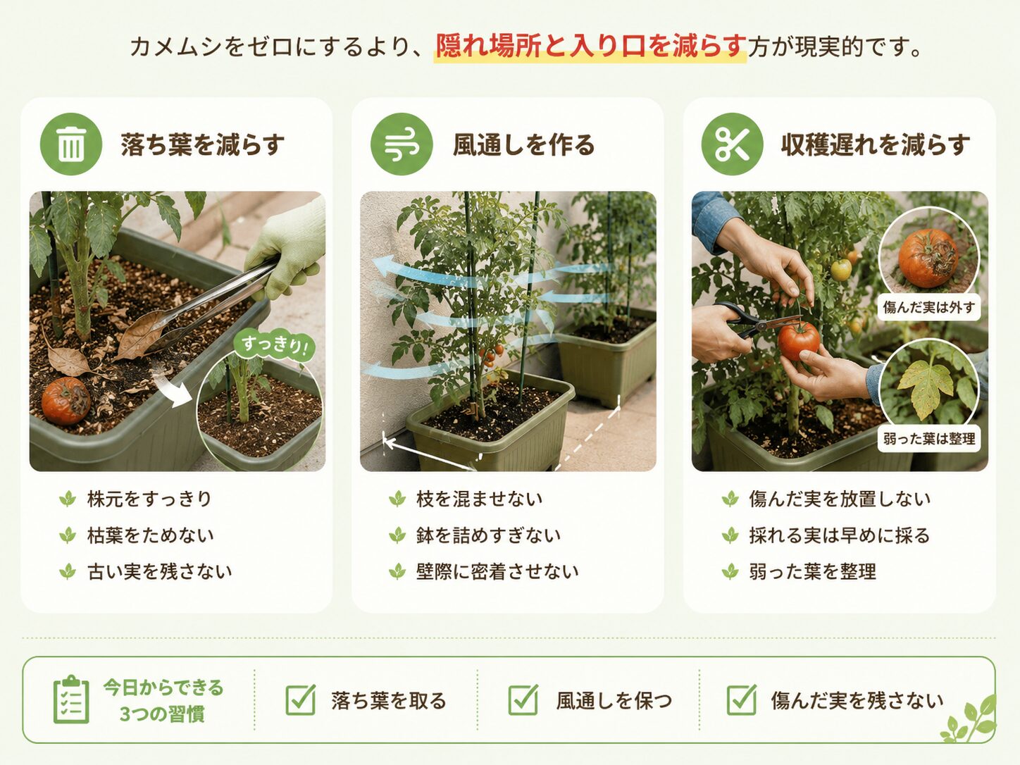 カメムシを寄せつけにくい環境づくり。落ち葉を減らす、風通しを作る、収穫遅れを減らす