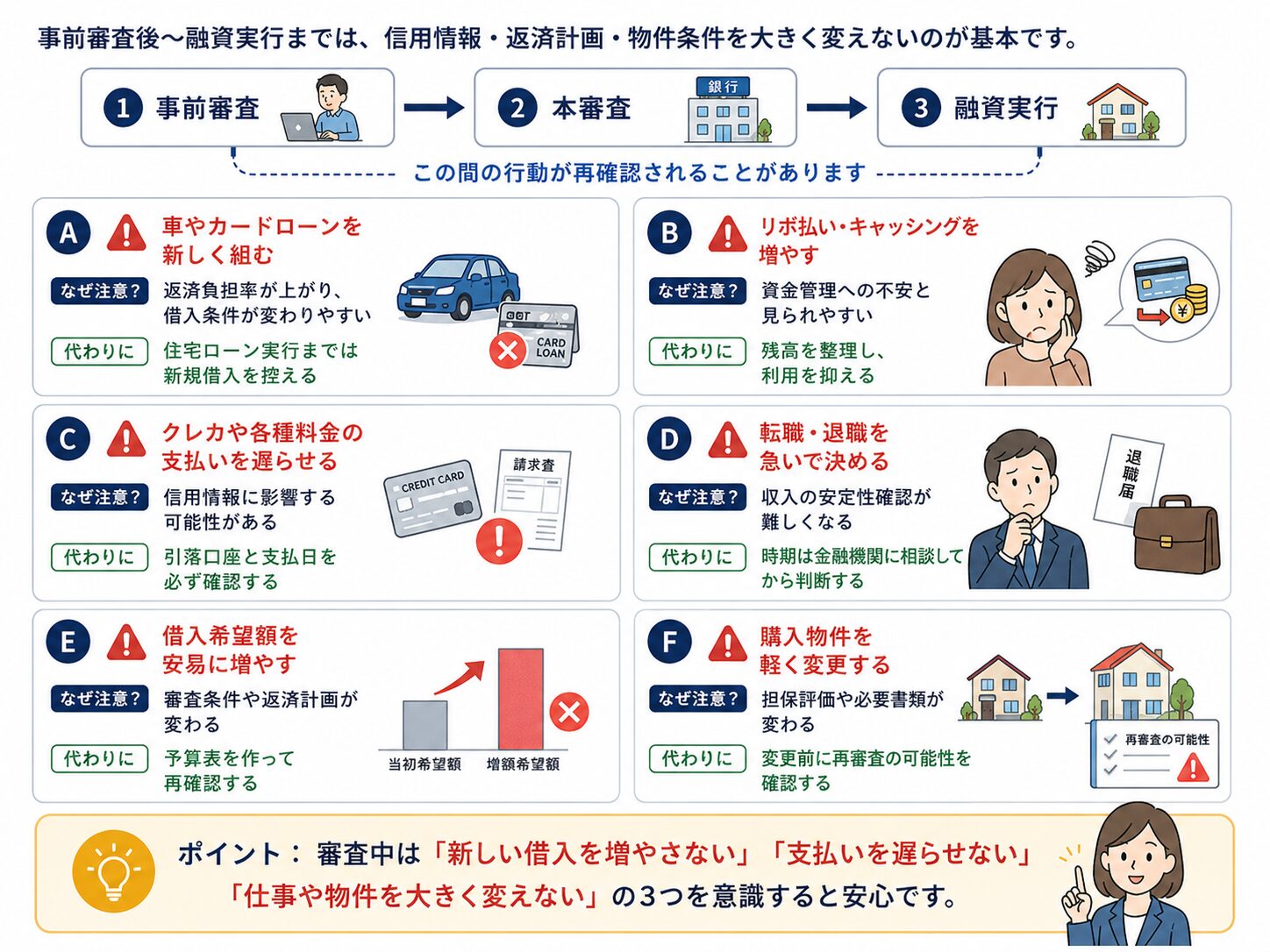 住宅ローンの事前審査後から融資実行までに避けたい行動と代わりにやることをまとめた図解