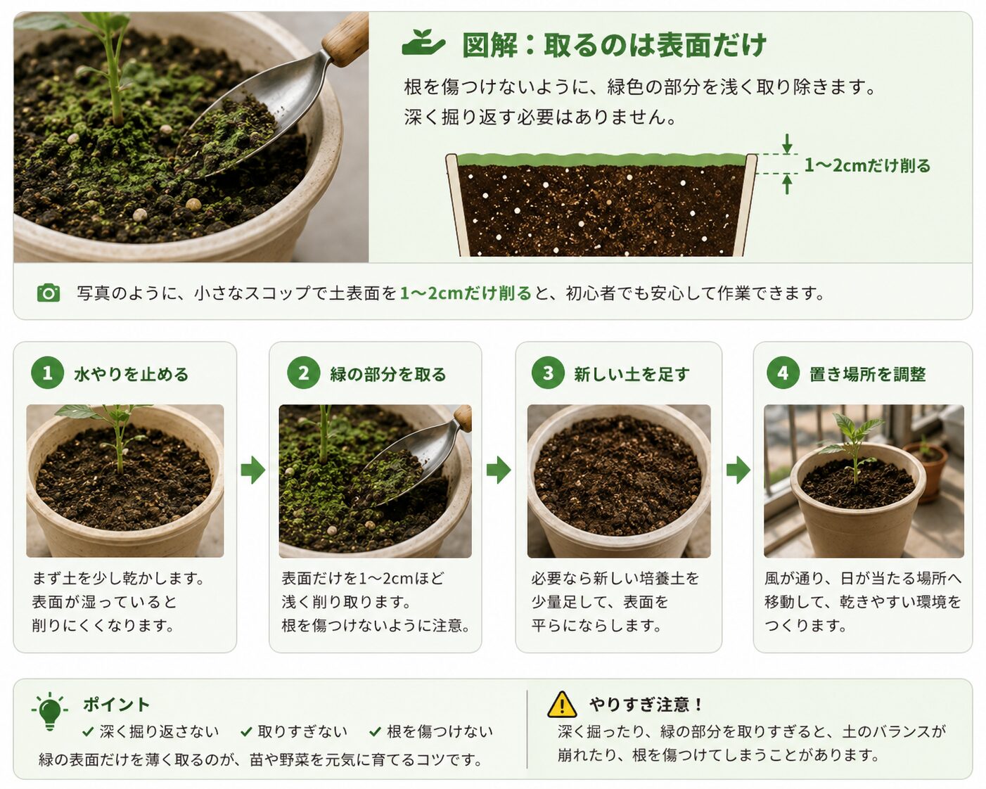 緑になった土の表面を削る4ステップ。水やりを止める、緑の部分を取る、新しい土を足す、置き場所を調整