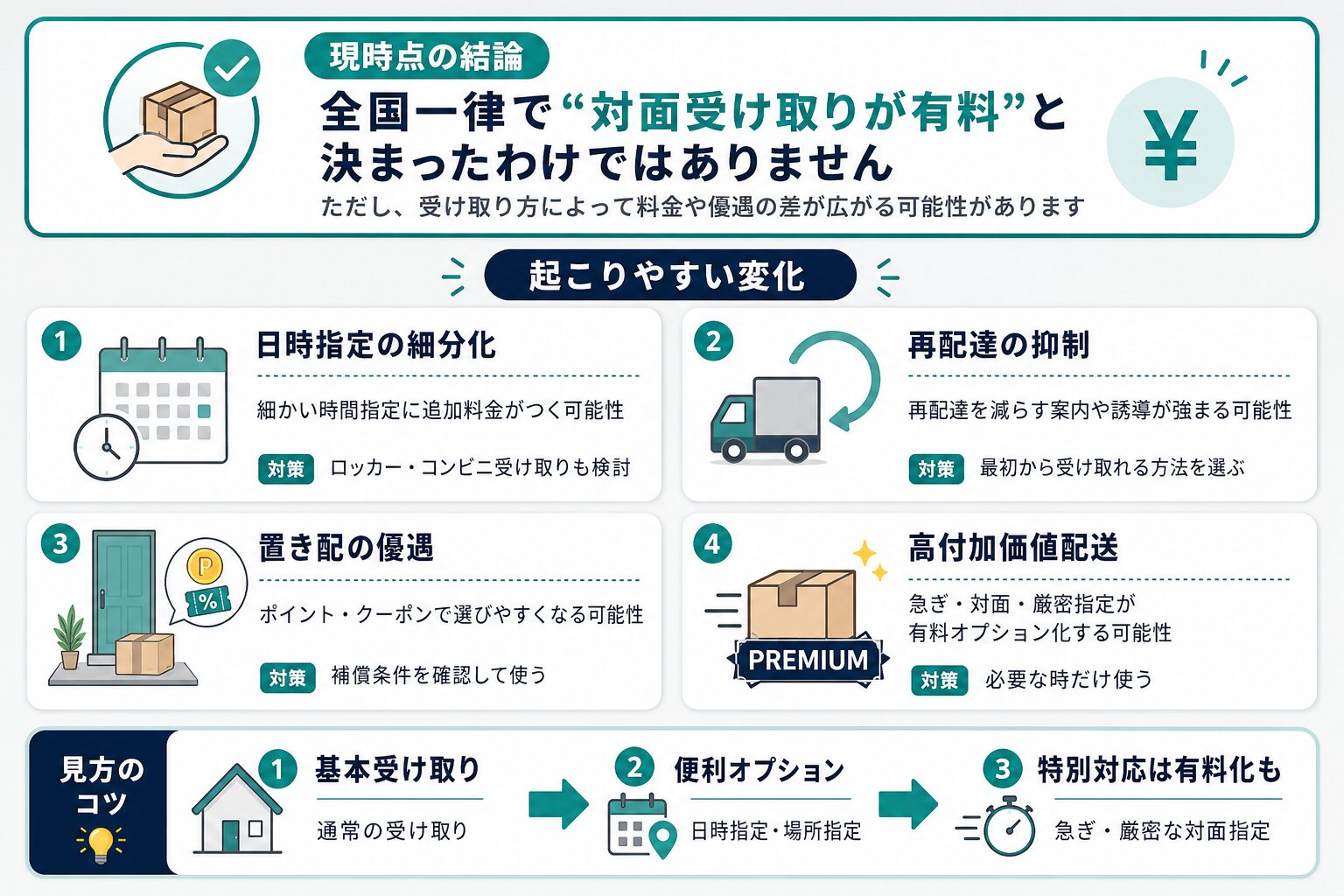 対面受け取りが全国一律で有料になるわけではなく、日時指定や高付加価値配送などで料金差が出る可能性を説明する図
