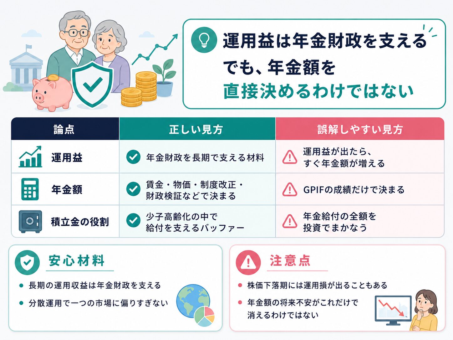 GPIFの運用益は年金財政を支えるが、年金額を直接決めるものではないことを説明する図解