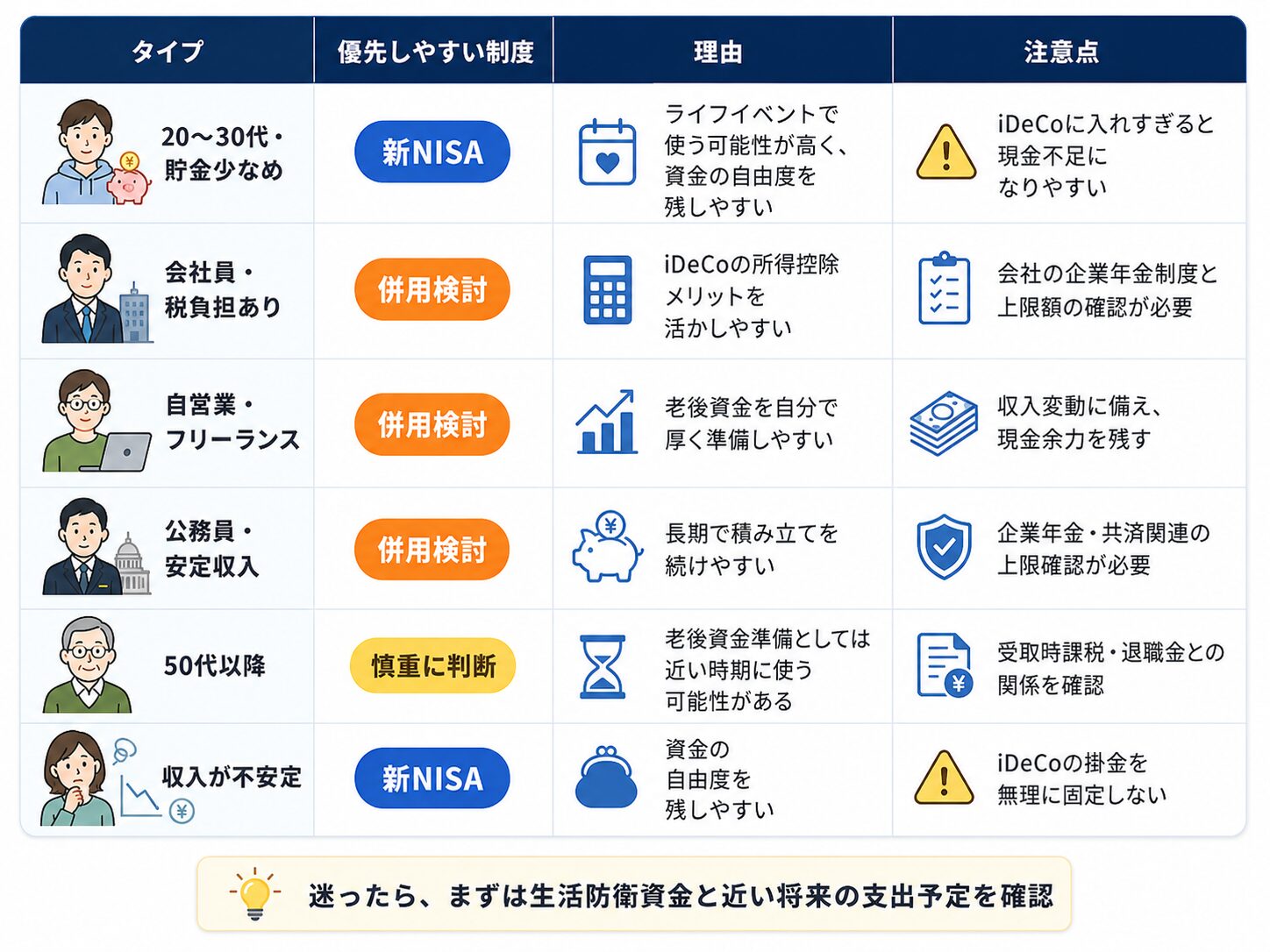 20代から30代、会社員、自営業、公務員、50代以降、収入が不安定な人ごとに新NISAとiDeCoの優先順位を整理した比較表