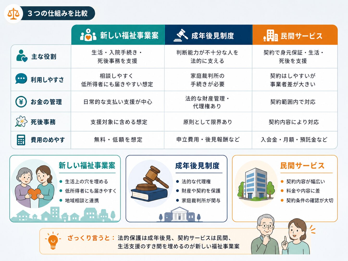 福祉事業案、成年後見制度、民間の終身サポートを比較した図