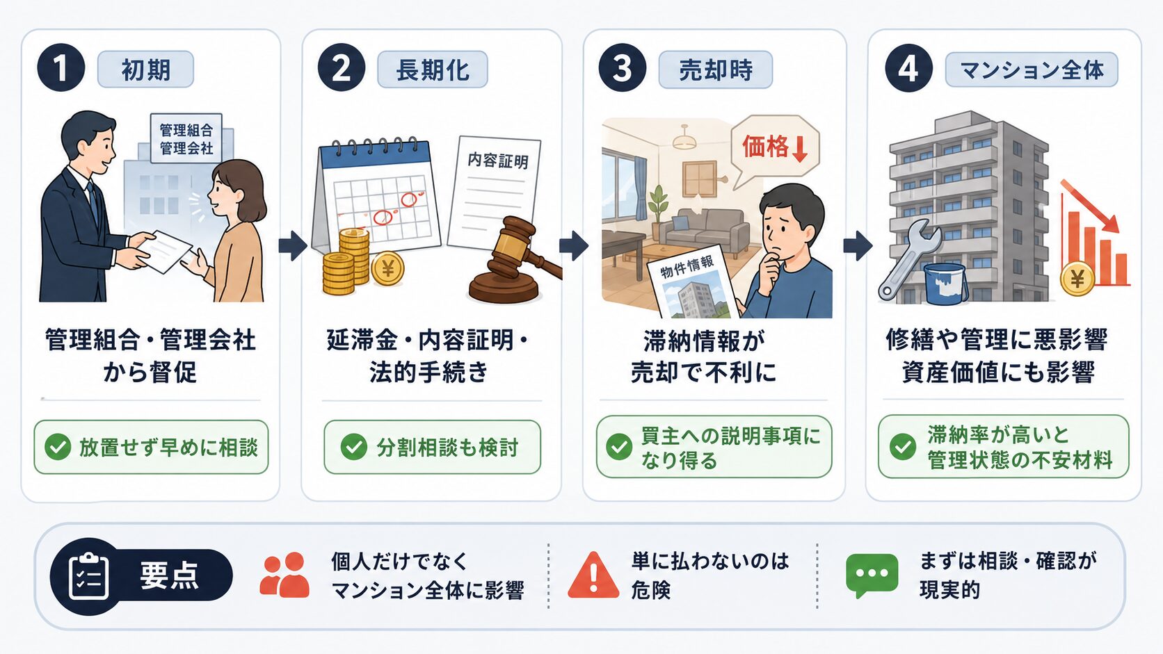 修繕積立金を払わない場合の督促、延滞金、法的手続き、売却時の不利、マンション全体への影響を示す図解