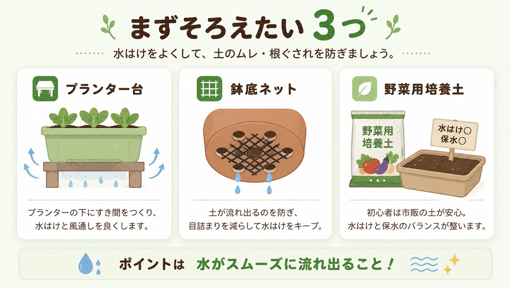 排水トラブルを防ぐ道具を示す図解。プランター台、鉢底ネット、野菜用培養土の役割を説明