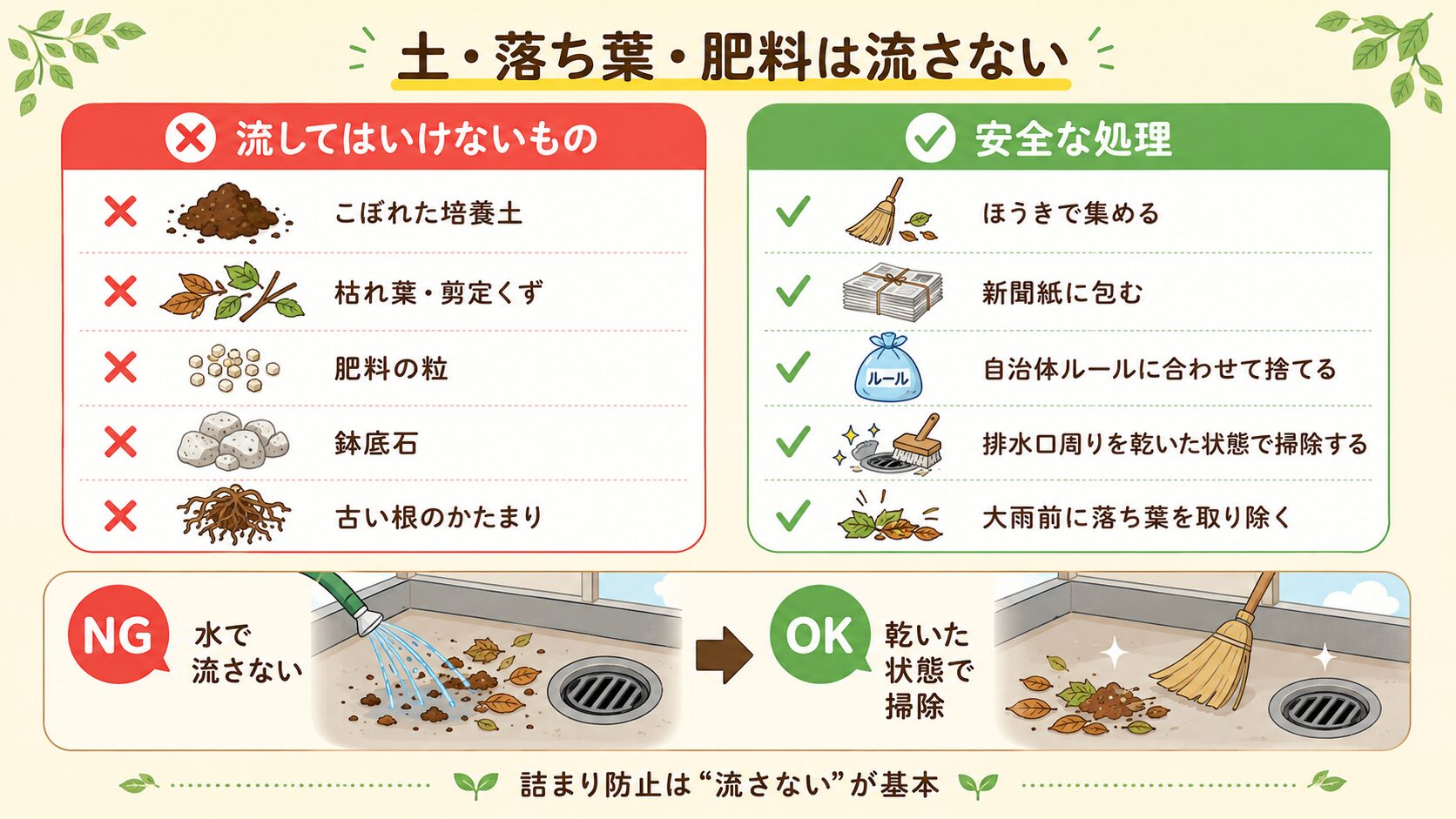 ベランダ菜園で排水口に流してはいけないものと安全な処理方法を説明した図解