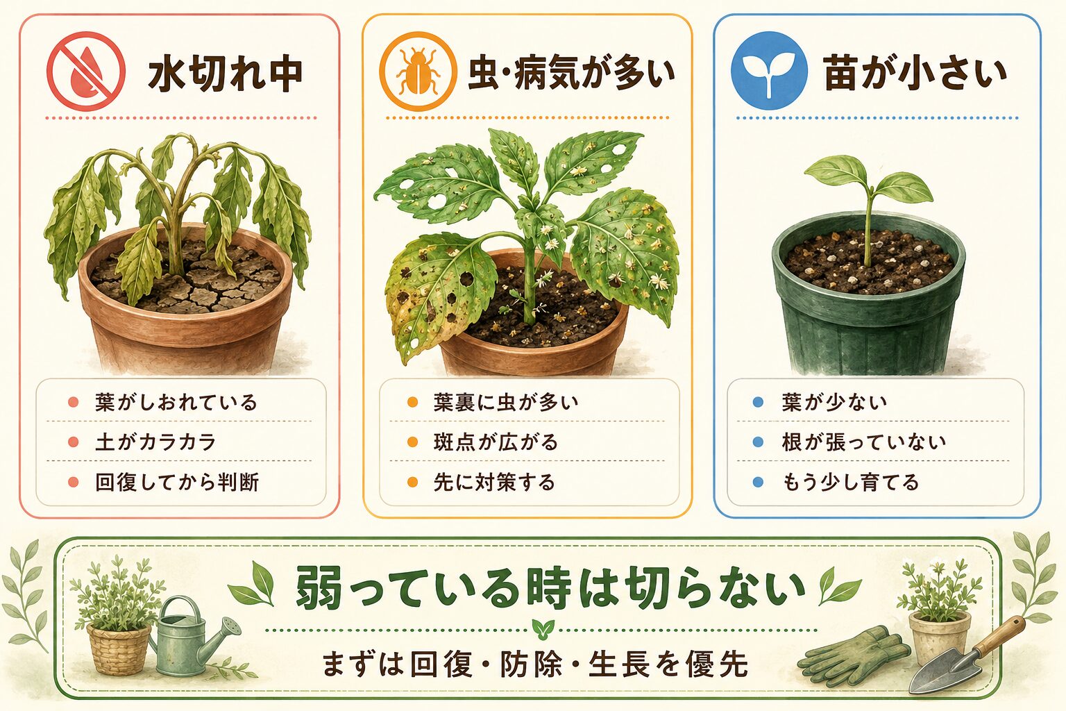 摘心しない方がいいケースを水切れ・病害虫・苗の小ささ別に示した図解