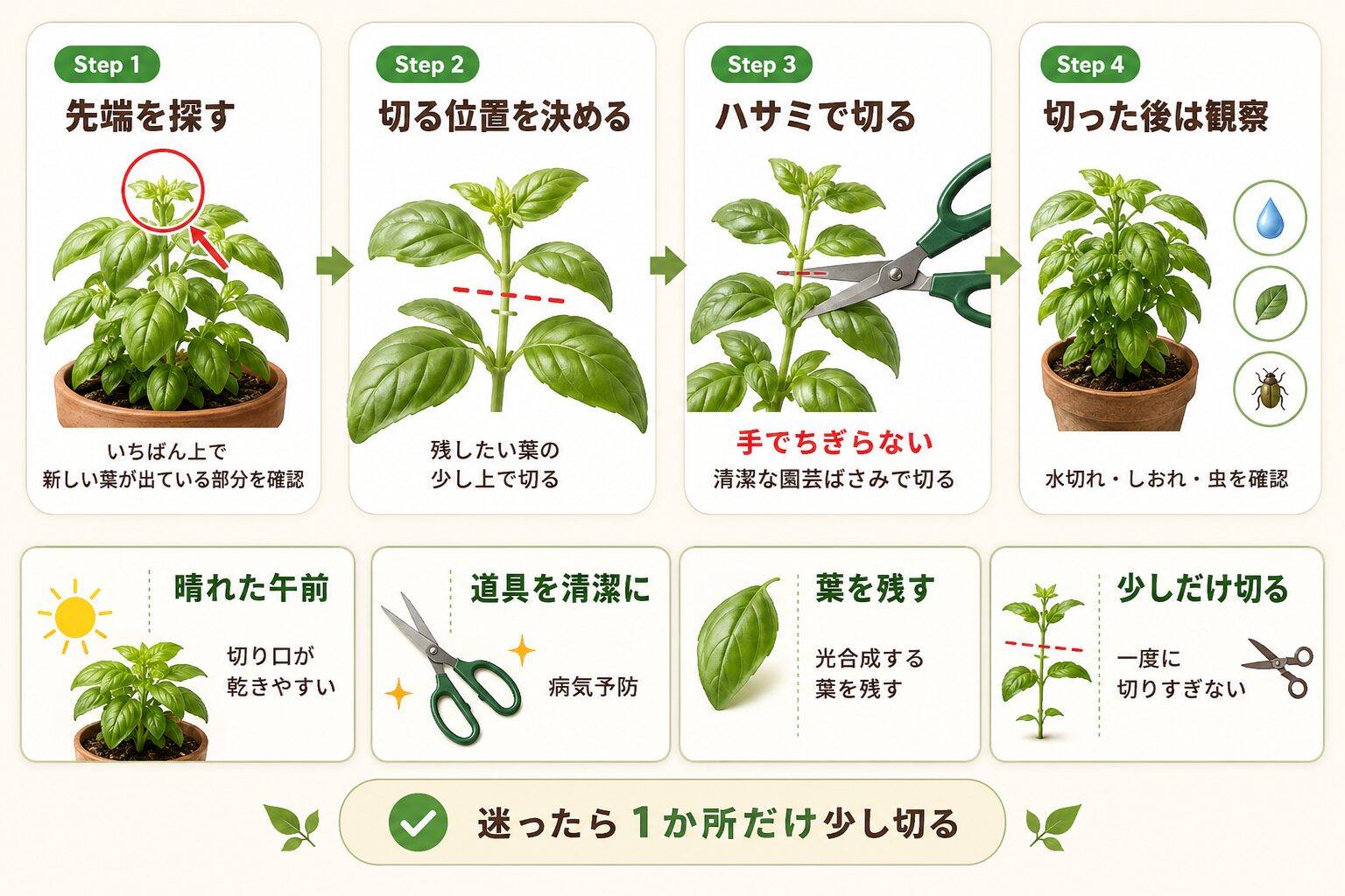 摘心のやり方を4ステップで示した初心者向け図解