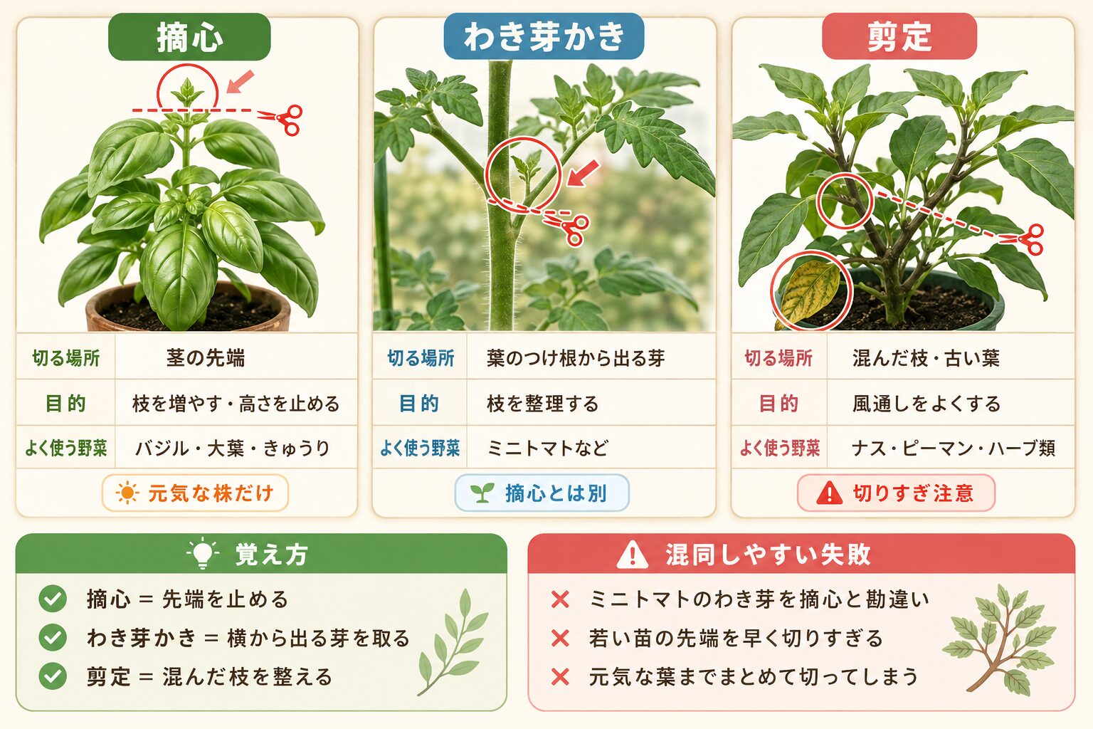 摘心・わき芽かき・剪定の違いを比較した図解