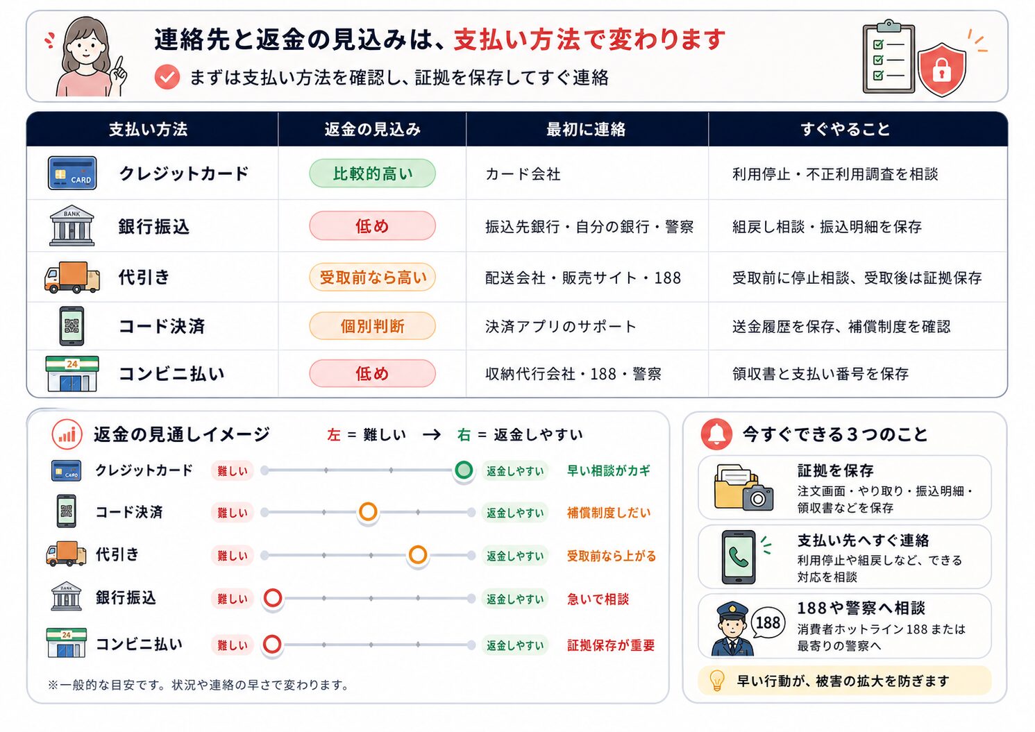 支払い方法別の返金見込みと対処法を比較した表。