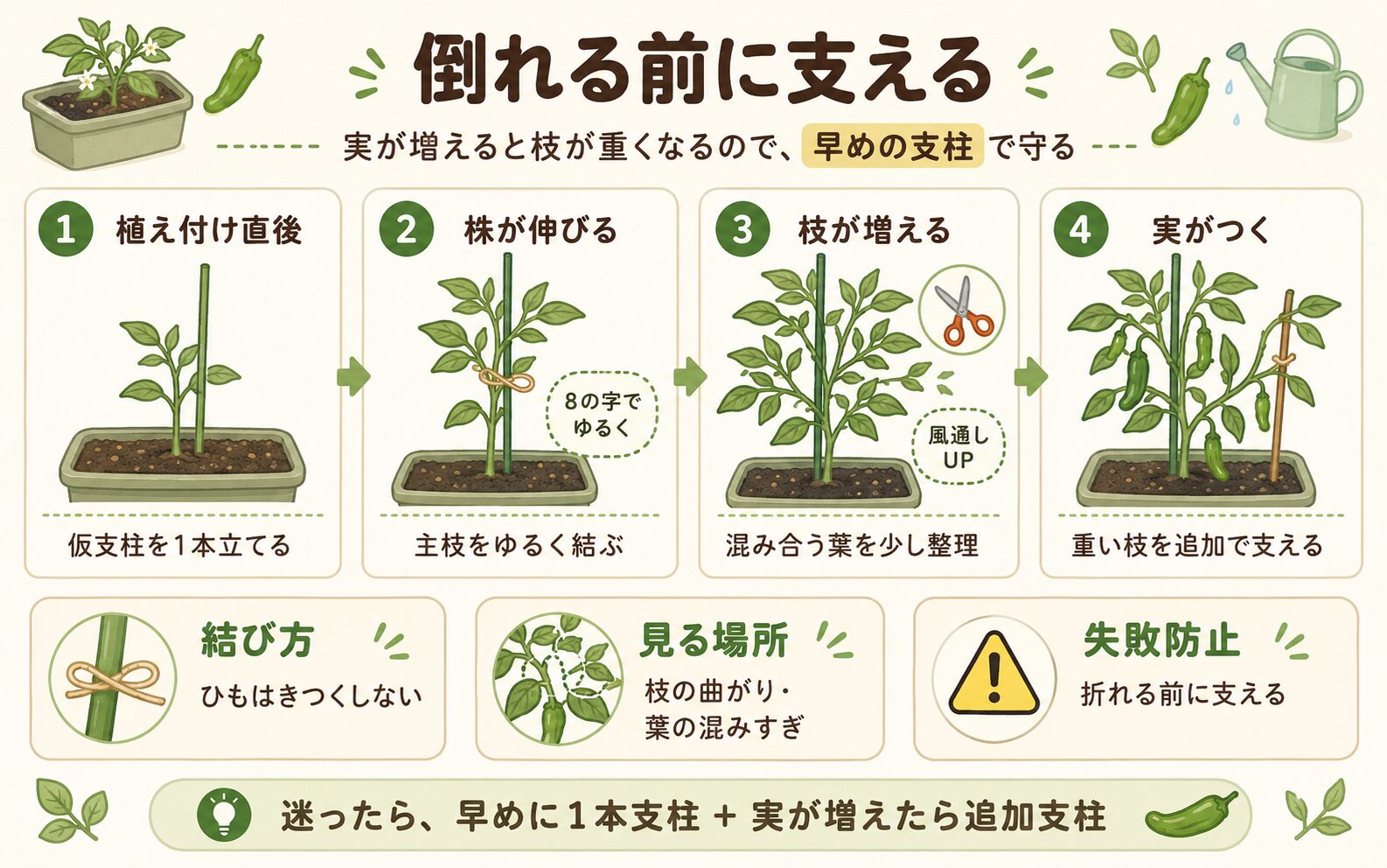 ししとうの支柱の立て方と枝を支えるタイミングの図解