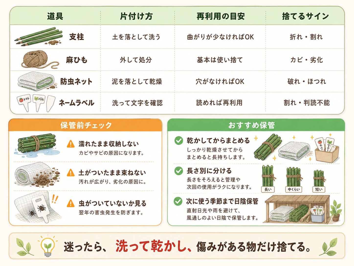 支柱・麻ひも・防虫ネット・ネームラベルの片付け方と保管方法を示した図解