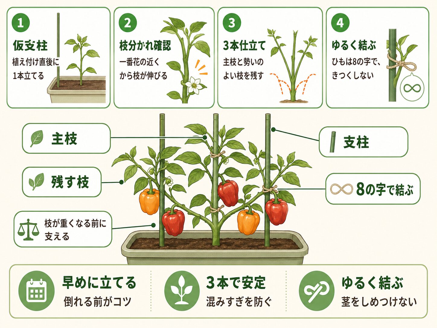 パプリカの支柱の立て方と3本仕立てを説明した図解