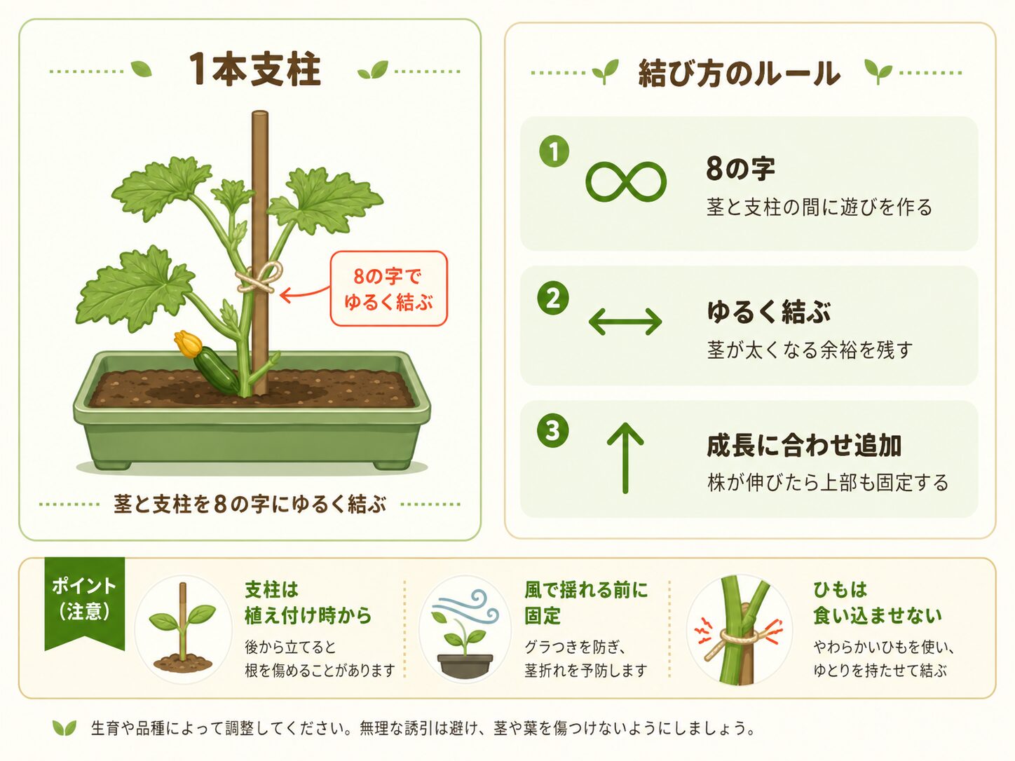 ズッキーニの支柱の立て方と8の字結び。茎を傷めない固定方法