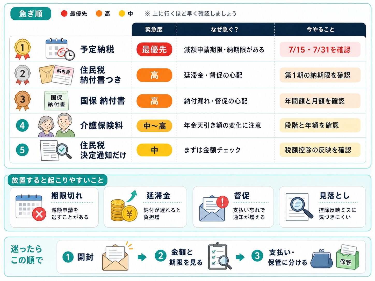 予定納税・住民税納付書・国保納付書などを急ぎ順で整理した図解