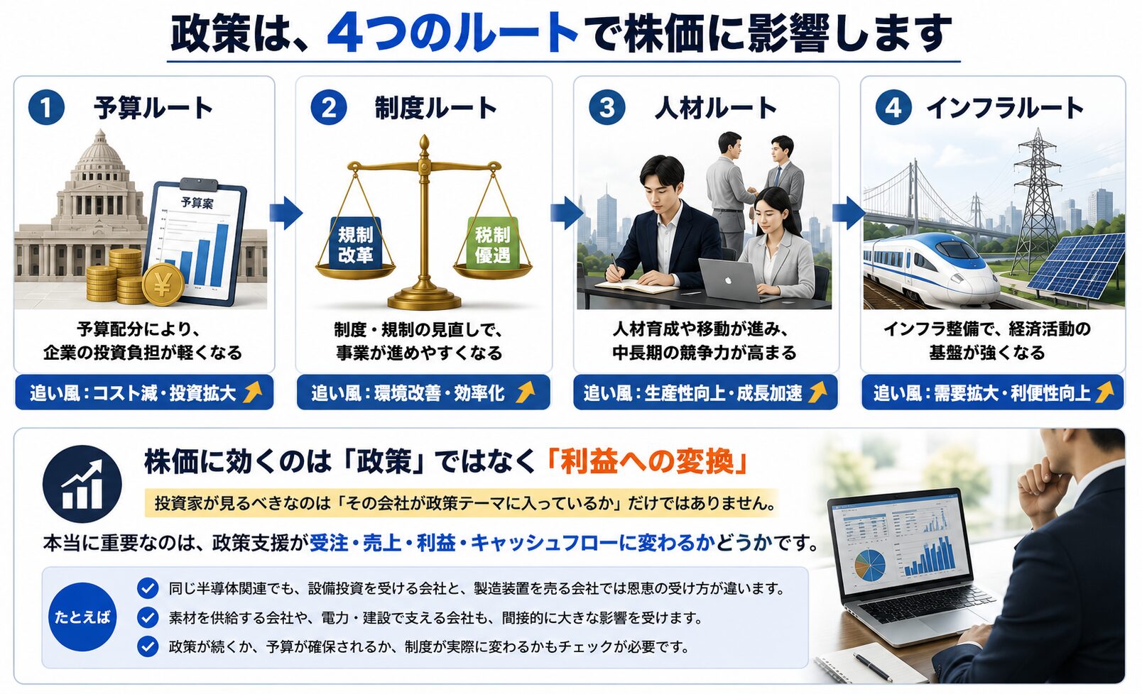 政策が予算ルート、制度ルート、人材ルート、インフラルートを通じて株価へ影響する流れを示す図解