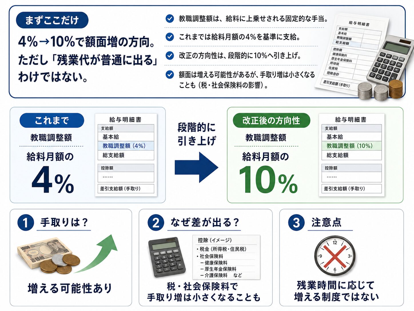 教職調整額が給料月額4％から10％へ段階的に引き上げられる方向である一方、残業時間に応じた残業代ではないことを示す図解