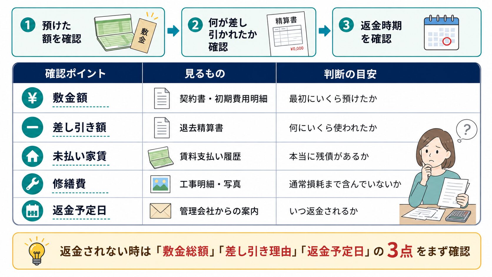 敷金が返ってこない時に確認する敷金額、差し引き額、未払い家賃、修繕費、返金予定日を整理した表