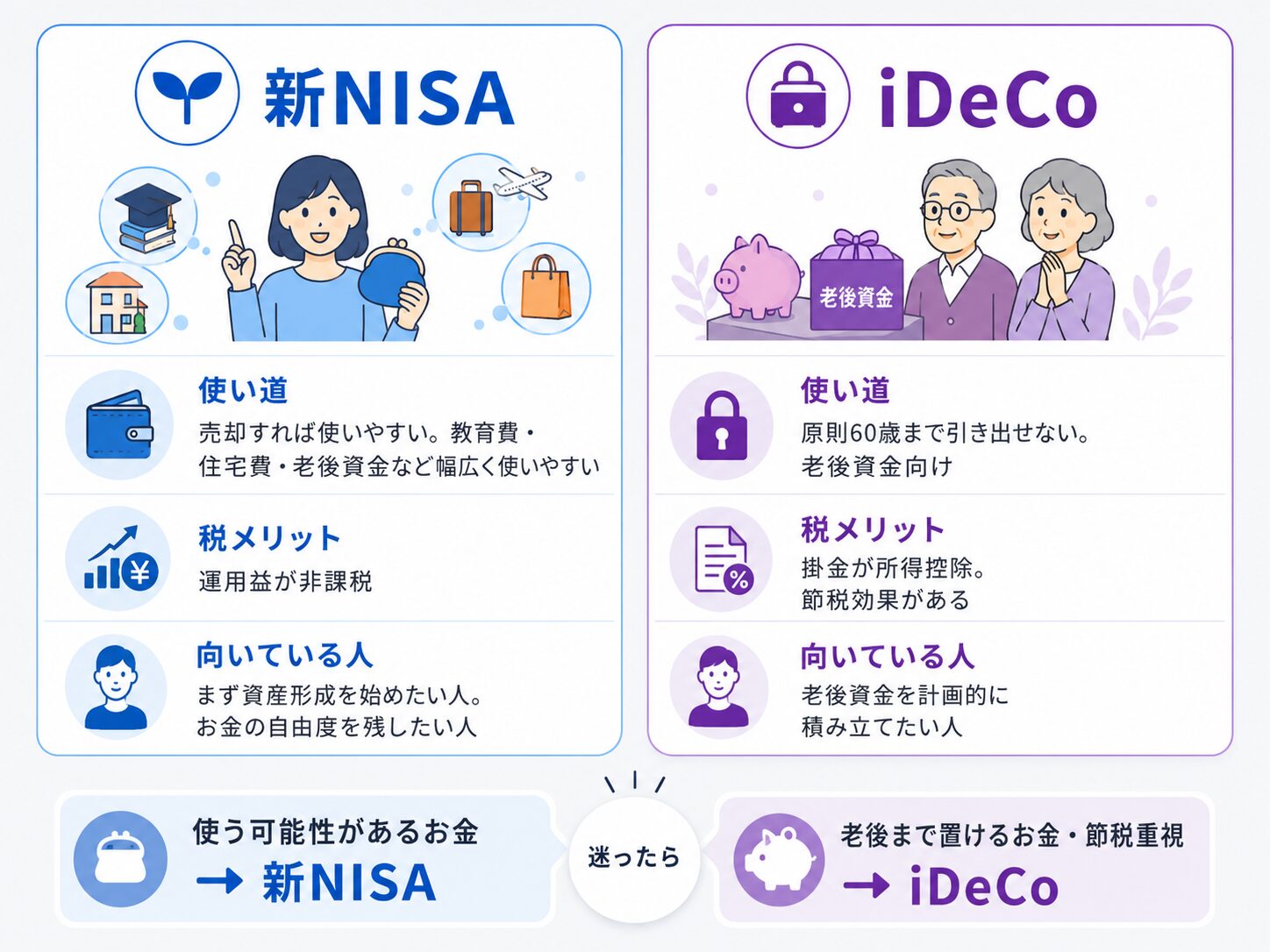 新NISAとiDeCoの違いをイラストで比較。新NISAは使いやすさと自由度、iDeCoは老後資金と所得控除を重視する制度として整理