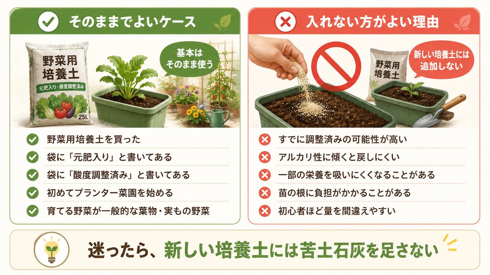 新しい野菜用培養土に苦土石灰を足さない理由を説明した図解