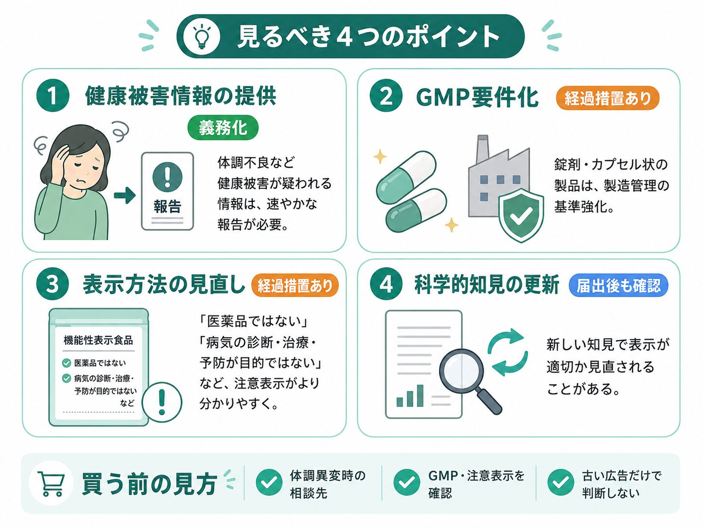 機能性表示食品の新ルールで強化された健康被害情報の提供、GMP要件化、表示方法の見直し、科学的知見の更新を説明した図解