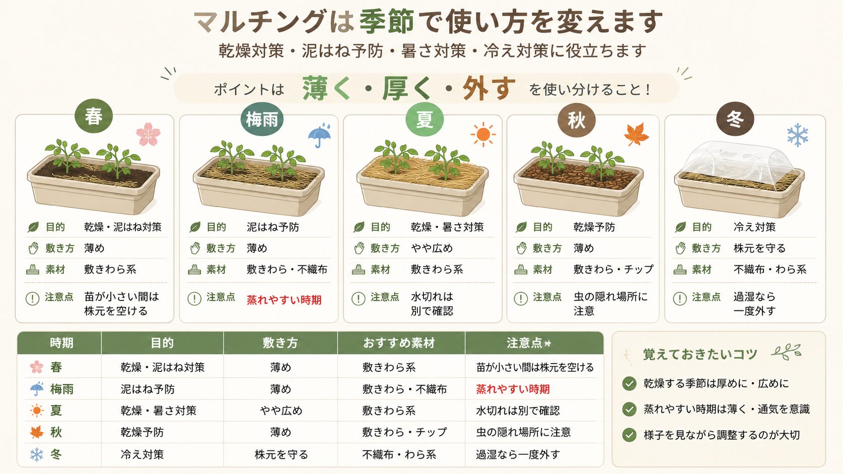 春夏秋冬と梅雨のマルチングの使い分け